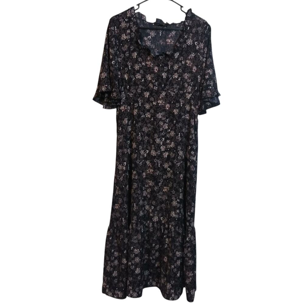 Suzanne Betro Dark Floral Black Ruffle Midi Dress Short Sleeves Size L